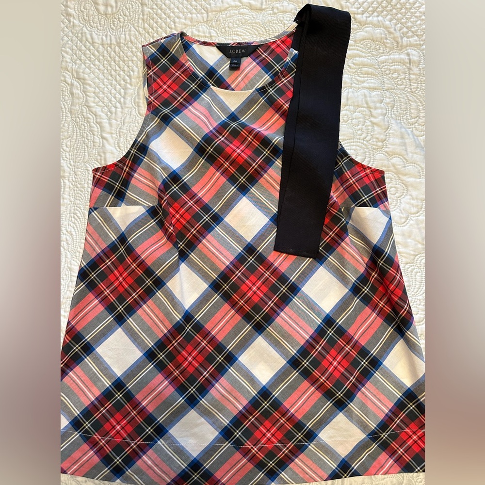 J.Crew Plaid Sleeveless Top Blouse with Ribbon Bow 00 Shirt Sleeve